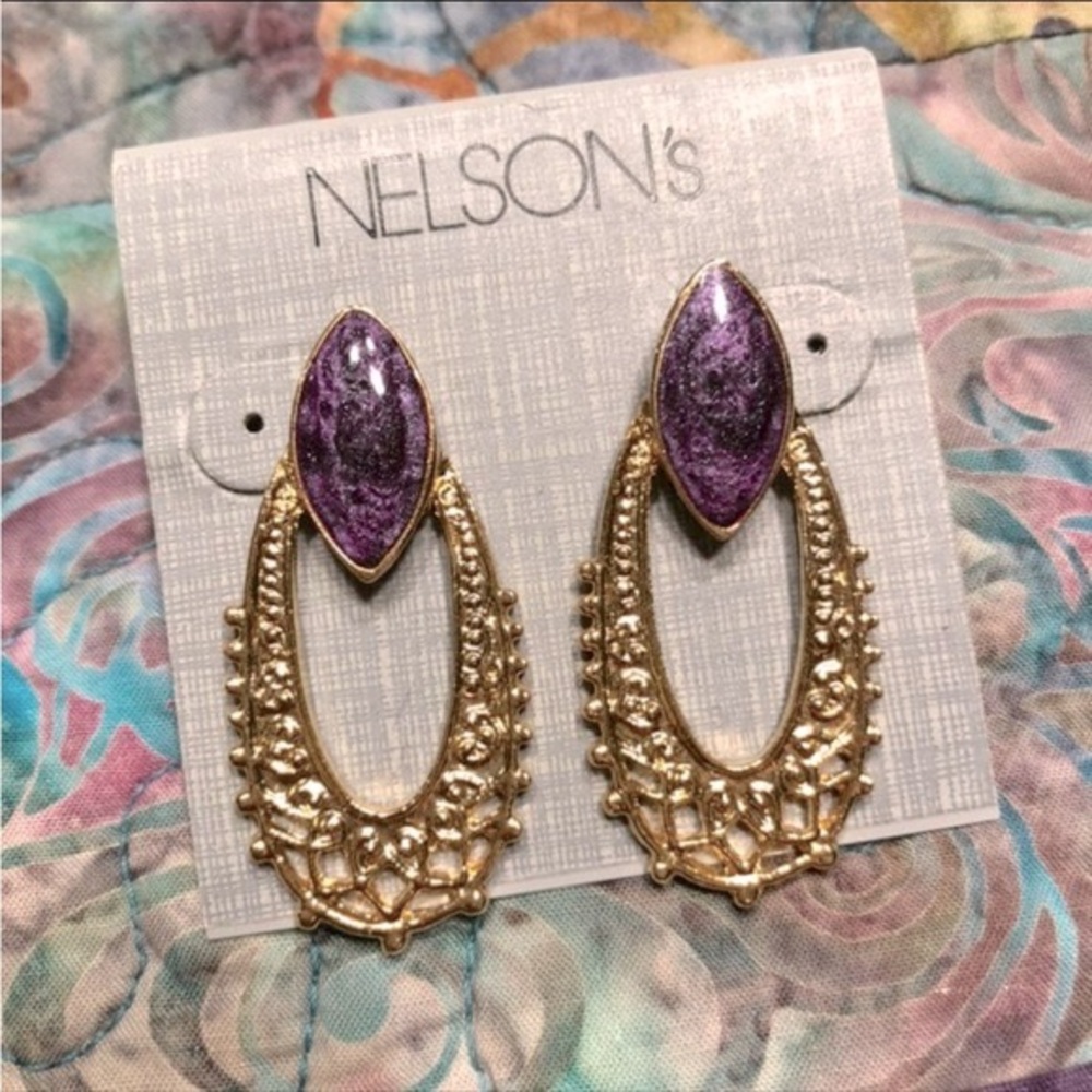Gold Loop Purple Stone Stud Earrings